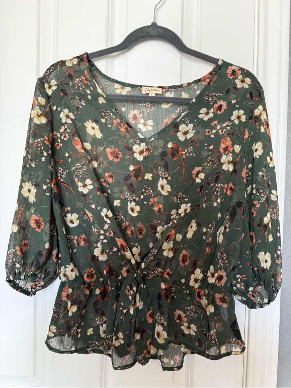 sheer floral tie front half sleeve peplum balloon sleeve blouse